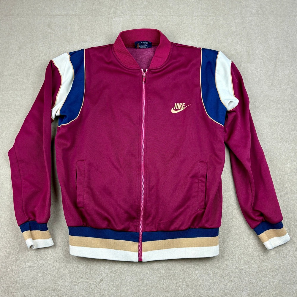 Vintage 80s NIKE Mens Medium Zip Up Track Suit Jacket Burgundy Blue Label Logo